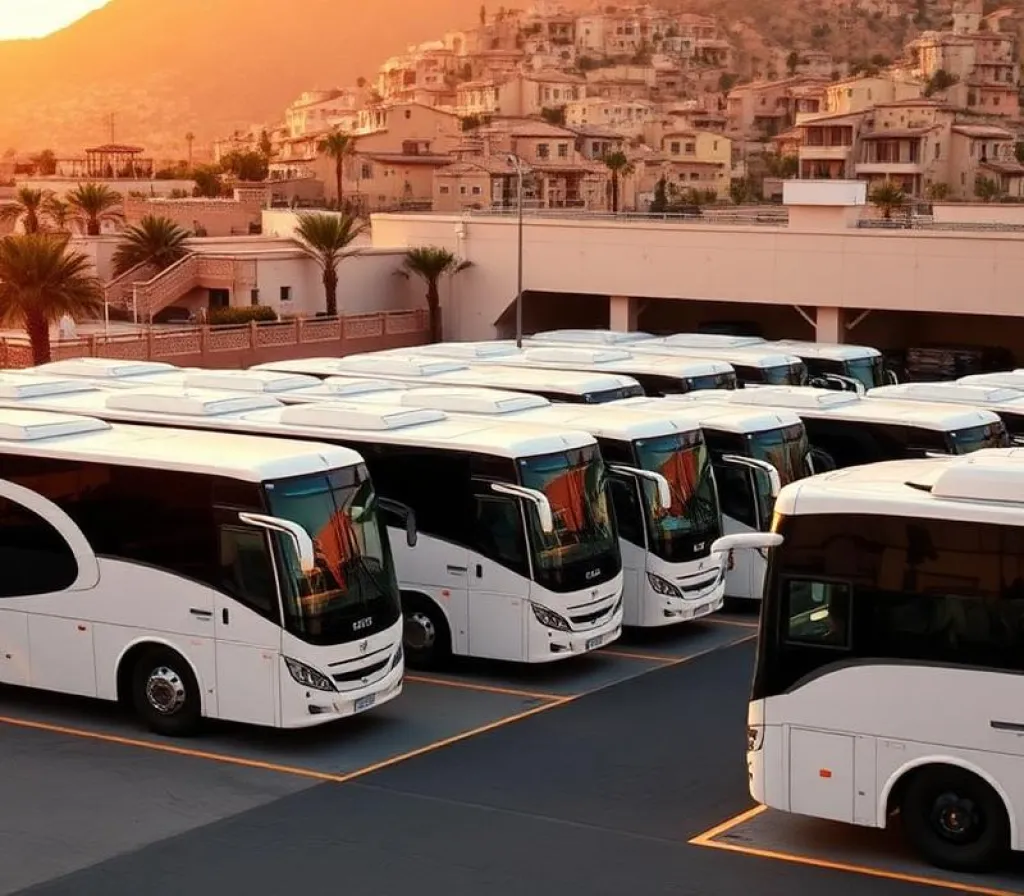 Fila de autocares blancos aparcados con un pueblo de fondo