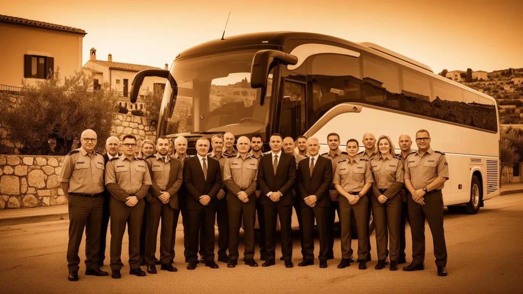 El equipo de conductores y personal posando delante de un autocar