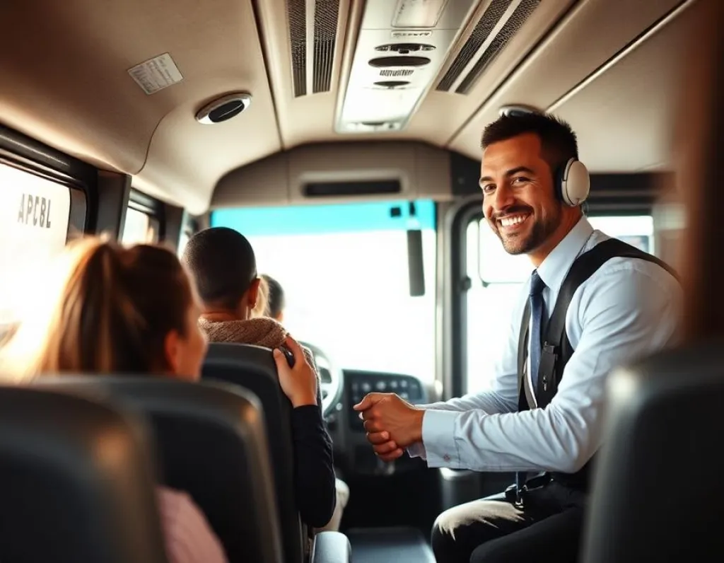 Conductor sonriente al volante de un autocar con pasajeros
