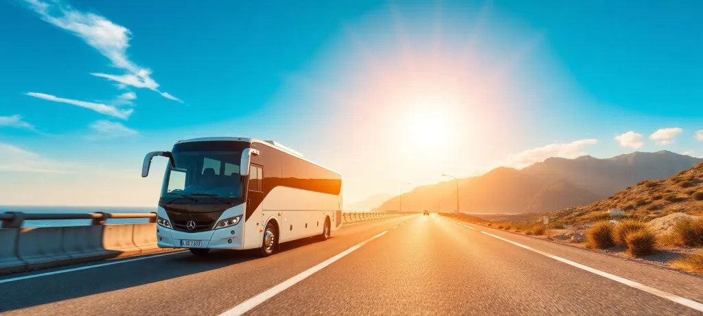 Autocar circulando por una carretera de costa con el sol de frente
