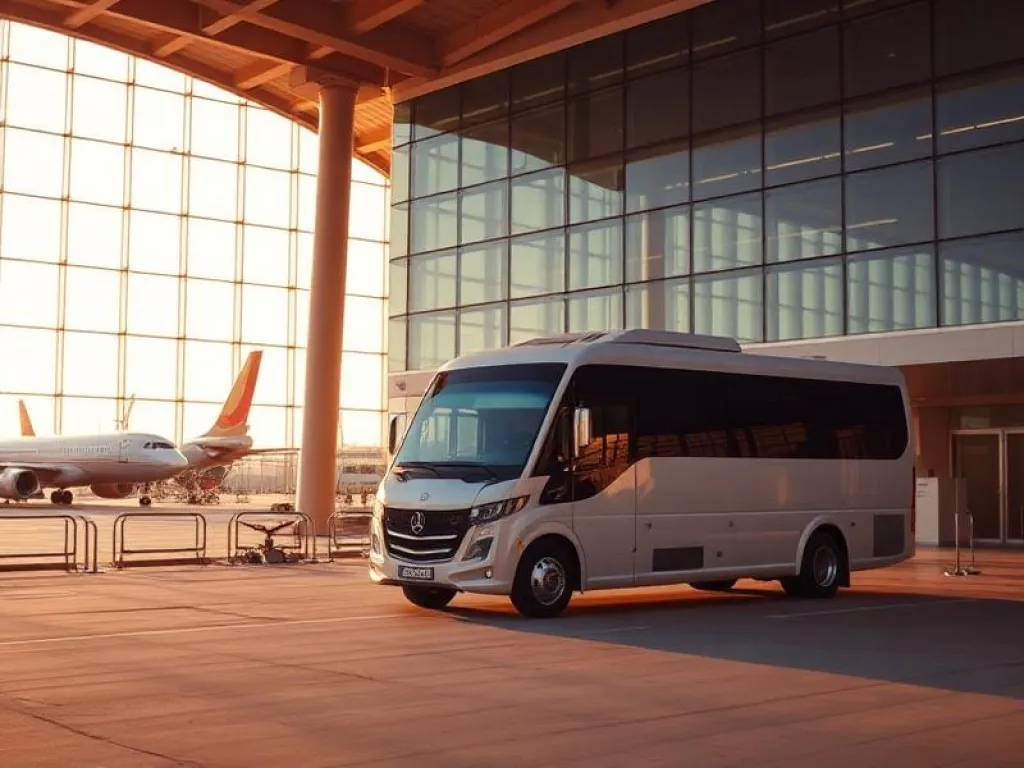 Minibús aparcado junto a la terminal de un aeropuerto