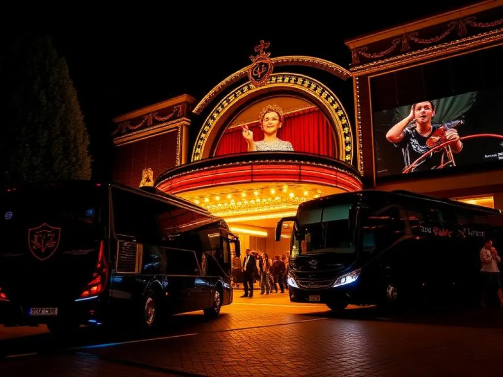 Autocares a la puerta de un teatro iluminado de noche