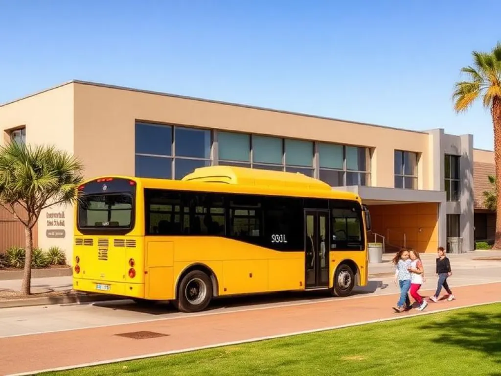 Autobús escolar amarillo delante de un colegio