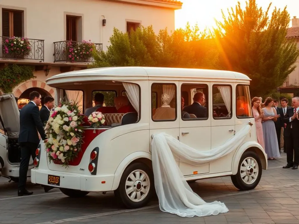 Vehículo blanco decorado con flores para una boda