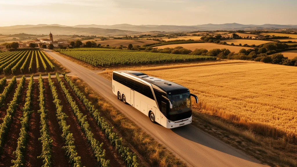Autocar por un camino entre viñedos y campos